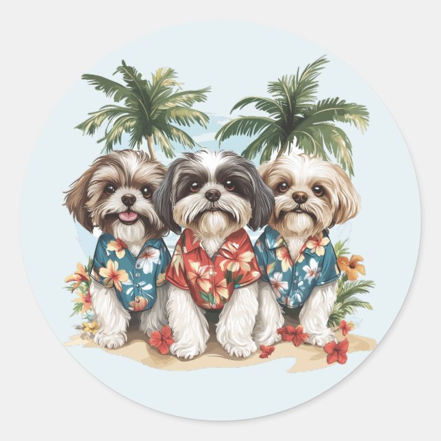 Adesivo Redondo Shih Tzu Dogs Vestindo camisas havaianas (Frente)