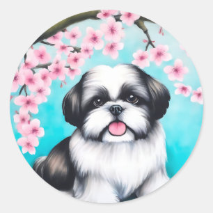 Adesivo Redondo Shih Tzu em Oriental Cherry Blossom