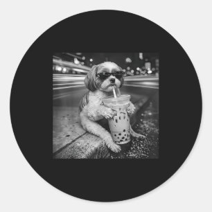 Adesivo Redondo Shih tzu engraçado bebendo café gelado amantes de