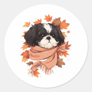 Adesivo Redondo Shih Tzu Fall Dog Autumn Deixa Cópia de Ação de Gr