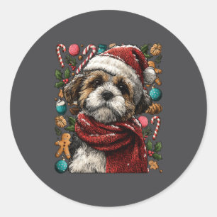 Adesivo Redondo Shih Tzu Festivo Com Chapéu de Papai Noel Inverno