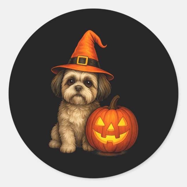 Adesivo Redondo Shih Tzu Halloween Pumpkin Dog Costume Family Matc (Frente)