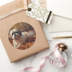 Adesivo Redondo Shih Tzu nas Folhas de Outono Caem Inspiram