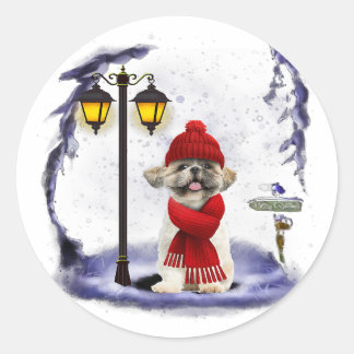 Adesivo Redondo Shih Tzu Papais noeis neve Natal leve Presente de 
