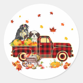 Adesivo Redondo Shih Tzu Pumpkin Truck | Ação de Graças de Folha d