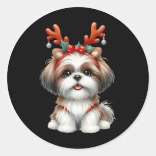 Adesivo Redondo Shih Tzu Reindeer Santa Hat Luzes de Natal