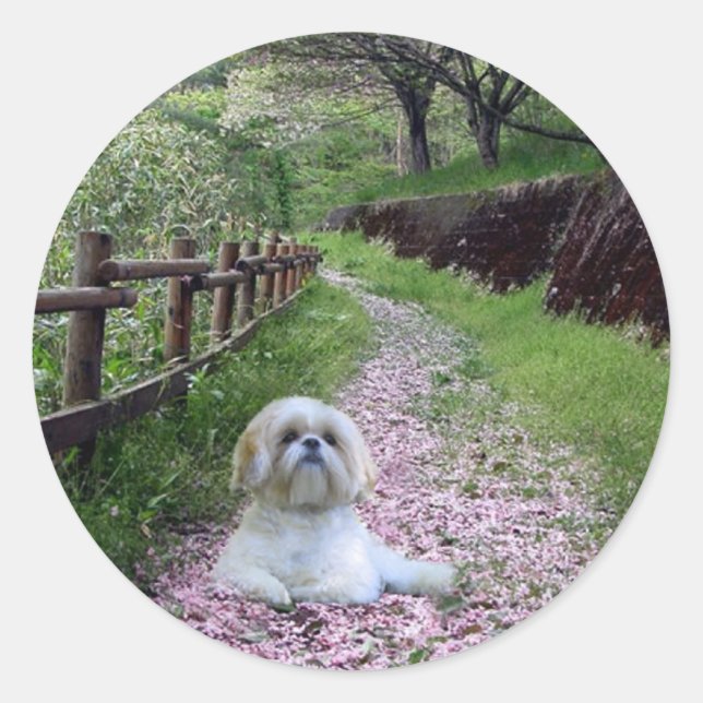 Adesivo Redondo Shih Tzu Sticker Purple Flowers (Frente)