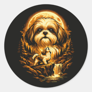 Adesivo Redondo Shih Tzu Uivando para a Lua Cachorro Engraçado