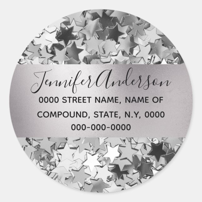 Adesivo Redondo Shimmer de colagem prateada padrão estrelado brilh (Frente)
