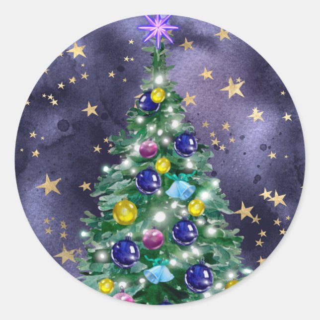 Adesivo Redondo Shiny Christmas tree with bright colored baubles (Frente)