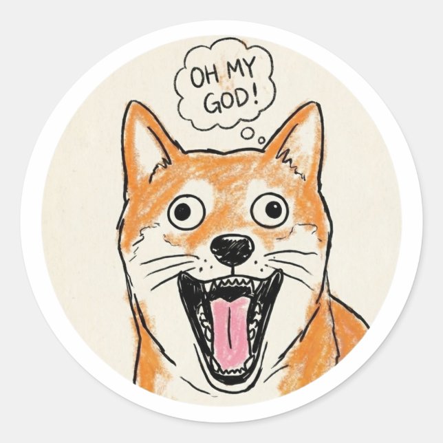 Adesivo Redondo Shocked Shiba Inu "OH MY GOD" - Surprise Meme (Frente)