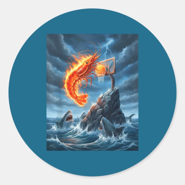 Adesivo Redondo Shrimp Dunking On Shark Funny Fishing Meme Basketb (Frente)