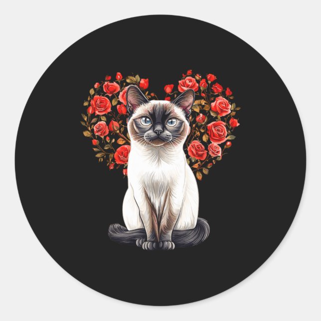 Adesivo Redondo Siamese Cat Lover Floral Heart Valentines Day  (Frente)