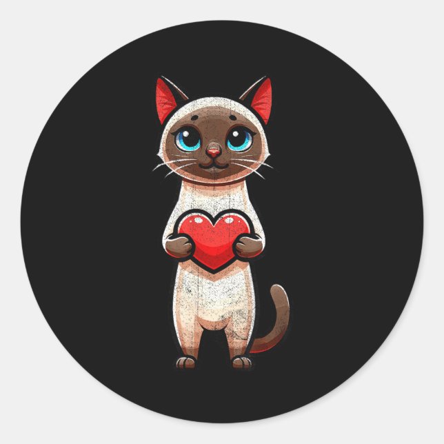 Adesivo Redondo Siamese Cat Valentines Heart Lover Funny Boys Girl (Frente)