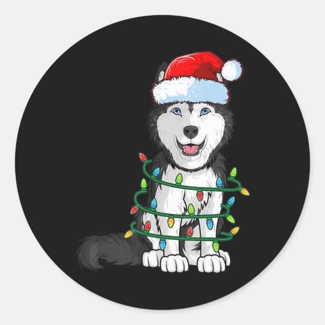 Adesivo Redondo Siberian Husky Christmas Santa Hat Xmas Lights Dog (Frente)