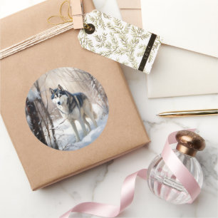 Adesivo Redondo Siberian Husky Deixe-o nevar no Natal