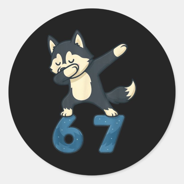 Adesivo Redondo Siberian Husky Dog Dabbing 67 Meme Six Seven Funny (Frente)