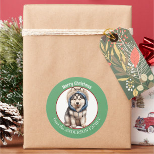 Adesivo Redondo Siberian Husky Dog Pup no Natal dos Hoodie
