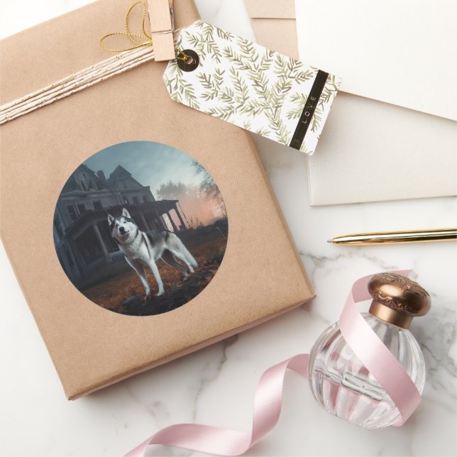 Adesivo Redondo Siberian Husky Halloween Scary (Presentear)