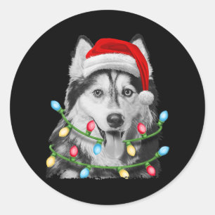 Adesivo Redondo Siberian Husky Papai noel Árvore de Natal Luzes X