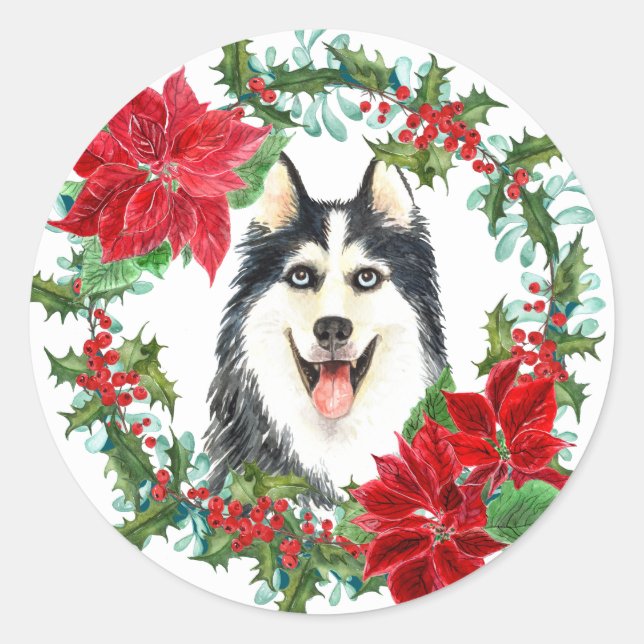 Adesivo Redondo Siberian Husky Poinsettia Holly Christmas Wreath (Frente)