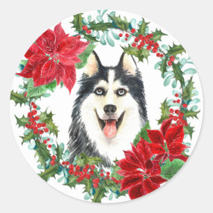 Adesivo Redondo Siberian Husky Poinsettia Holly Christmas Wreath