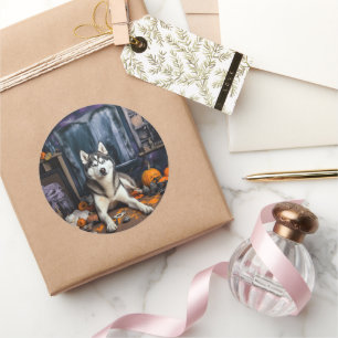 Adesivo Redondo Siberian Husky Pumpkins Halloween Scary