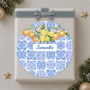Adesivo Redondo Siciliano azul amarelo citrus Mediterrâneo azulejo