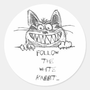 Adesivo Redondo Siga o coelho branco, o gato Cheshire rabiscado