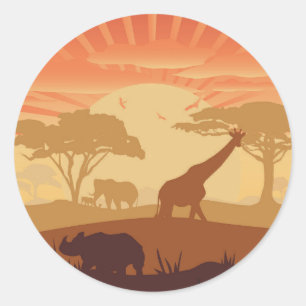 Adesivo Redondo Silhueta da Vida Selvagem no Pôr do Sol no Safari