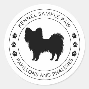 Adesivo Redondo Silhueta de Cachorro Papillon com Patas e Texto Pe