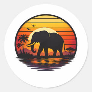 Adesivo Redondo Silhueta de Elefante Pôr do Sol Retrô