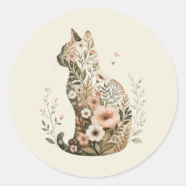 Adesivo Redondo Silhueta de Gato Floral Boho Flor Silvestre