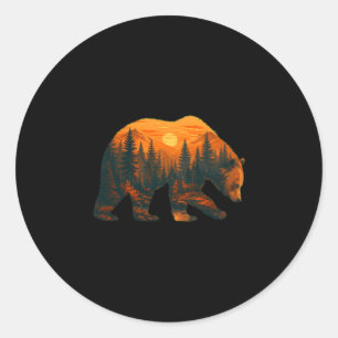 Adesivo Redondo Silhueta de urso masculino com paisagem florestal