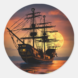Adesivo Redondo Silhueta Épica do Navio Pirata Pôr do Sol Lua Gran