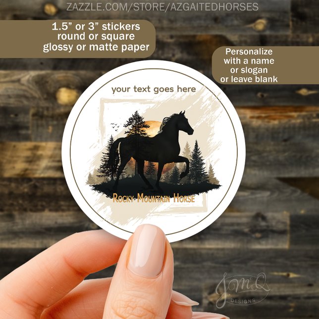 Adesivo Redondo Silhueta Sunset Horse da Montanha Rochosa Personal (Round sticker featuring a Rocky Mountain Horse silhouette at sunset with editable text area)