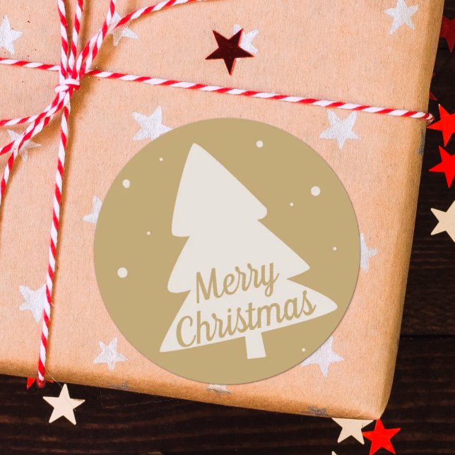 Adesivo Redondo Silhute de árvore de Natal feliz branco e ouro (Criador carregado)