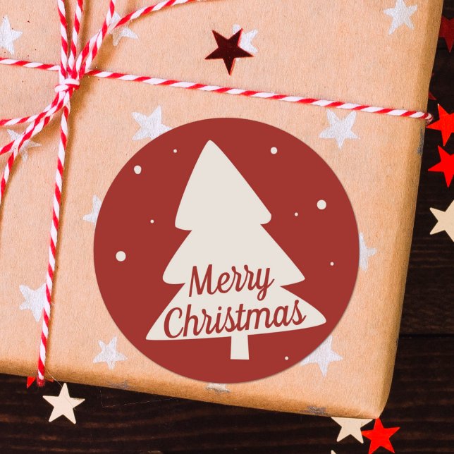 Adesivo Redondo Silhute de árvore de Natal feliz vermelho e branco (Criador carregado)