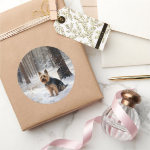 Adesivo Redondo Silk Terrier Deixe-o nevar Natal
