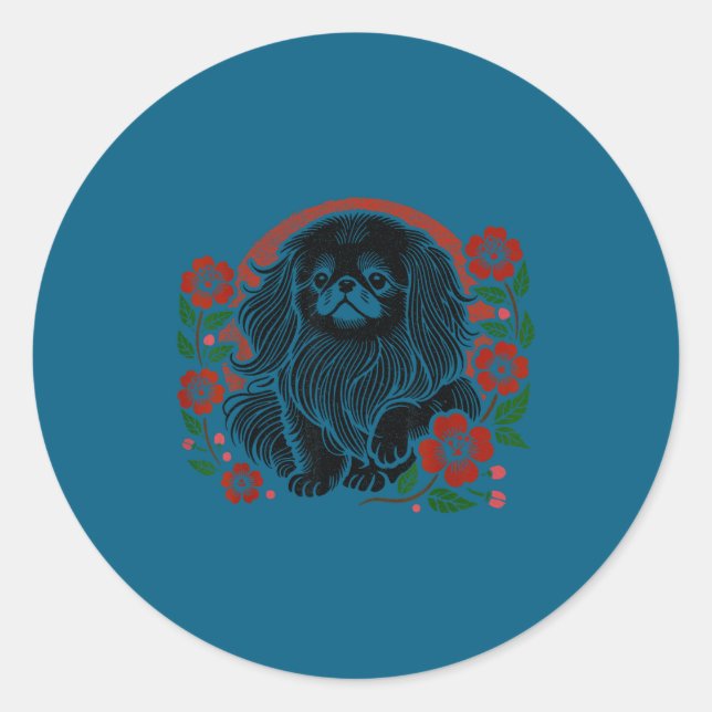 Adesivo Redondo Silly Cherry Pekingese Blossoms Floral Dog Japanes (Frente)