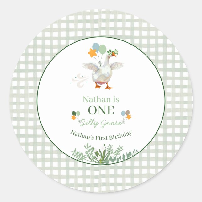 Adesivo Redondo Silly Goose First Birthday Green (Frente)