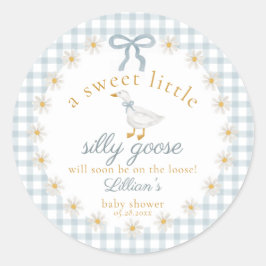 Adesivo Redondo Silly Goose Flower Bow Baby Shower Blue Gingham