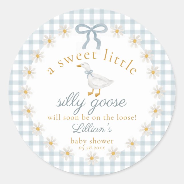 Adesivo Redondo Silly Goose Flower Bow Baby Shower Blue Gingham  (Frente)