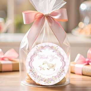 Adesivo Redondo Silly Goose Rosa Xadrez Baby Shower Obrigado