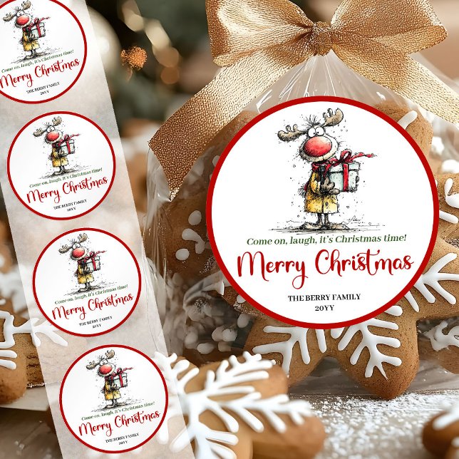 Adesivo Redondo Silly whimsical reindeer sticker funny deer charm (Whimsical quirky reindeer Christmas sticker design)