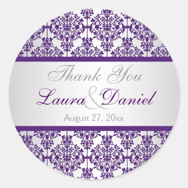 Adesivo Redondo Silver and Purple Damask 1,5" Obrigado Sticker (Frente)