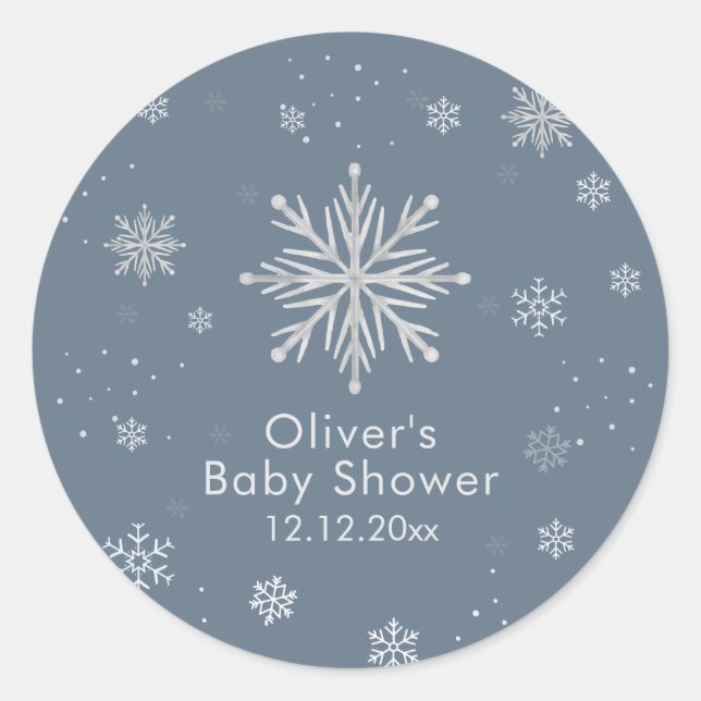 Adesivo Redondo Silver Blue Magical Winter Snowflake Baby Shower  (Frente)