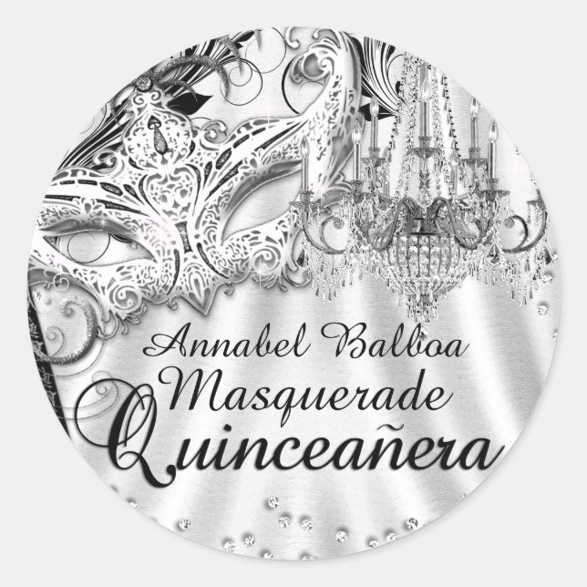 Adesivo Redondo Silver Chandelier Mascarada Quinceanera Sticker (Frente)