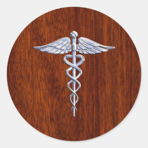 Adesivo Redondo Silver Como Caduceus Símbolo Médico Mahogany Impre