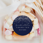 Adesivo Redondo SIlver confetti navy blue typography Thank you<br><div class="desc">Silver confetti navy blue typography thank you wedding sticker. Perfect for chic,  elegant theme wedding</div>